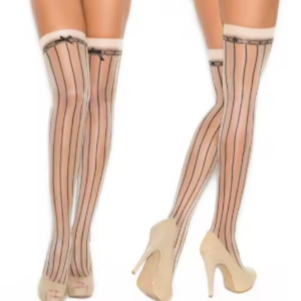 Pinstripe Tease Bow Thigh-High Stockings